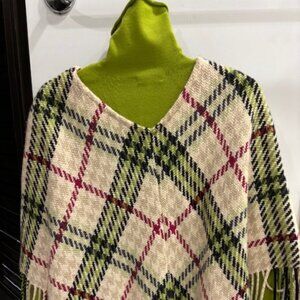 Burberry London V-Neck Fringed Poncho Cream Houndstooth Check Wool Cashmere OS